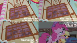 Size: 2000x1125 | Tagged: safe, derpibooru import, edit, edited screencap, editor:quoterific, screencap, applejack, pinkie pie, twilight sparkle, unicorn twilight, unicorn, bridle gossip, g4, sugarcube corner