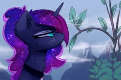 Size: 1500x995 | Tagged: safe, artist:magnaluna, derpibooru import, princess luna, alicorn, cat, cat pony, original species, pony, g4, catnip, cheek fluff, chest fluff, ear fluff, ears, ethereal mane, female, horn, looking at something, mare, mountain, outdoors, plant, profile, side view, slit eyes, sniffing, solo, whiskers