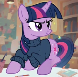 Size: 1024x1019 | Tagged: safe, ai content, derpibooru import, generator:purplesmart.ai, generator:stable diffusion, machine learning generated, twilight sparkle, unicorn twilight, pony, unicorn, g4, clothes, horn, prompter:jezo, show accurate, solo, sweater