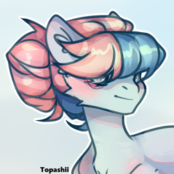 Size: 1904x1894 | Tagged: safe, artist:edainart, derpibooru import, oc, oc only, earth pony, pony, blue coat, blue eyes, bust, cheek fluff, ear fluff, ears, earth pony oc, gradient background, hair bun, outline, signature, smiling, solo, tied mane, two toned mane