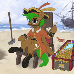 Size: 1250x1250 | Tagged: safe, artist:calena, derpibooru import, oc, oc only, oc:peatmoss, crab, pegasus, pony, beach, beard, colored, facial hair, flat colors, gold, jewelry, mirror, ocean, outfit, pegasus oc, shovel, solo, treasure, treasure chest, water