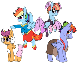 Size: 1000x812 | Tagged: safe, artist:flamirasplitz, derpibooru import, bow hothoof, rainbow dash, scootaloo, windy whistles, pegasus, pony, adopted, adopted daughter, adopted offspring, ballerina, clothes, cosplay, costume, dragon wings, family, fantasy class, father and child, father and daughter, female, filly, flying, foal, freckles, male, mare, mother and child, mother and daughter, parent and child, parent:bow hothoof, parent:windy whistles, parents:windyhoof, princess tutu, scar, scootadoption, scootalove, scootarina, siblings, simple background, sisters, smiling, spread wings, stallion, superhero, superhero costume, tutu, warrior, white background, wings