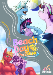 Size: 2481x3508 | Tagged: safe, artist:godlypoptart, artist:potato22, artist:testostepone, artist:tizhonolulu, derpibooru import, big macintosh, starlight glimmer, sugar belle, trixie, twilight sparkle, anthro, pony, art pack:beach day paradise, :p, advertisement, art pack, beach, beach ball, ocean, tongue, tongue out, water