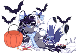 Size: 1384x980 | Tagged: safe, artist:zorixn, derpibooru import, oc, oc:oreo cream, bat, pegasus, pony, candy, clothes, female, food, lollipop, mare, pumpkin bucket, scarf, simple background, socks, solo, transparent background