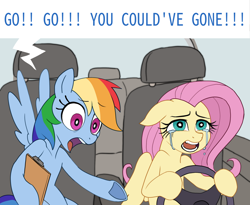 Size: 1998x1639 | Tagged: safe, artist:sunbusting, derpibooru import, fluttershy, rainbow dash, pegasus, g4, car, car interior, clipboard, crying, driving, duo, duo female, female, meme, text, yelling