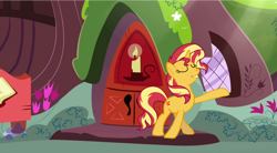 Size: 2000x1100 | Tagged: safe, artist:trrrebleee, artist:trrriple0dds, derpibooru import, edit, edited screencap, screencap, sunset shimmer, alicorn, unicorn, g4, magical mystery cure, character swap, golden oaks library, horn, meme, solo, sunset