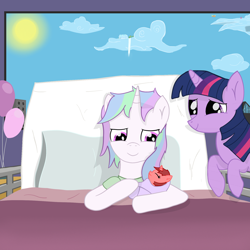 Size: 1796x1796 | Tagged: safe, artist:minecake, derpibooru import, twilight sparkle, unicorn twilight, oc, oc:cake sparkle, oc:rose thorn, pony, unicorn, g4, baby, baby pony, balloon, bed, birthday, canon x oc, clothes, cloud, foal, horn, hospital, hospital bed, hospital gown, implied lesbian, magical lesbian spawn, not celestia, offspring, parent and child, parent:cake sparkle, parent:twilight sparkle, sun