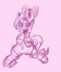 Size: 2480x2936 | Tagged: safe, artist:anykoe, derpibooru import, oc, unicorn, clothes, female, horn, looking at you, monochrome, pigtails, ribbon, signature, simple background, sketch, socks, solo, unicorn oc