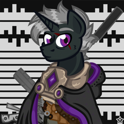 Size: 1024x1024 | Tagged: safe, artist:devorierdeos, derpibooru import, oc, oc only, oc:black pawn, unicorn, fallout equestria, armor, bust, eye scar, facial scar, flack, horn, invisibility cloak, portrait, raincoat, scar, solo, zebra rifle