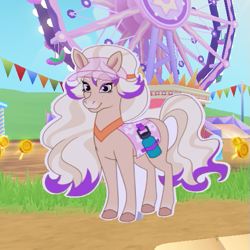 Size: 521x520 | Tagged: safe, derpibooru import, horse, bailey (wild manes), banner, barely pony related, cardboard cutout, clothes, ears up, equine, ferris wheel, full body, game screencap, gradient muzzle, hat, long mane, looking at you, multicolored body, multicolored hair, pc game, png, roblox, saddle, smiling, smiling at you, tack, video game, water bottle, wild manes, wild manes on roblox