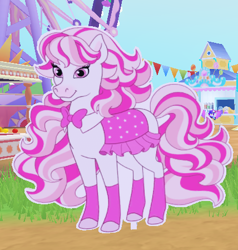 Size: 428x449 | Tagged: safe, derpibooru import, horse, banner, barely pony related, bowtie, candi (wild manes), cardboard cutout, clothes, ears up, equine, ferris wheel, full body, game screencap, gradient muzzle, long mane, looking at you, multicolored body, multicolored hair, pc game, png, roblox, ruffles, saddle, smiling, smiling at you, socks, tack, video game, wild manes, wild manes on roblox