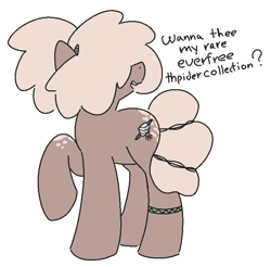 Size: 1426x1406 | Tagged: safe, artist:castafae, derpibooru import, oc, oc only, oc:silk swaddle, earth pony, pony, bracelet, braces, coat markings, dialogue, female, hair over eyes, hairclip, jewelry, lisp, mare, ponytail, raised hoof, raised leg, simple background, solo, white background