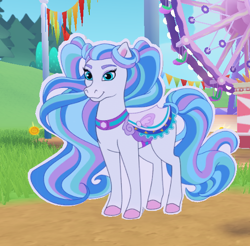 Size: 540x532 | Tagged: safe, derpibooru import, horse, banner, barely pony related, cardboard cutout, clothes, ears up, equine, ferris wheel, full body, long mane, looking at you, multicolored body, multicolored hair, pc game, perla (wild manes), pigtails, png, roblox, ruffles, saddle, smiling, smiling at you, socks, tack, tail, tied mane, tied tail, video game, wild manes, wild manes on roblox