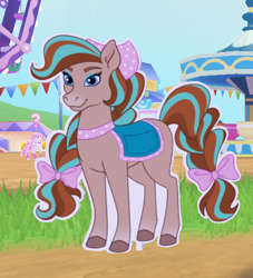 Size: 433x476 | Tagged: safe, derpibooru import, horse, banner, barely pony related, cardboard cutout, clothes, cocoa (wild manes), ears up, equine, ferris wheel, full body, gradient muzzle, headscarf, jewelry, long mane, looking at you, multicolored body, multicolored hair, necklace, pc game, png, roblox, saddle, scarf, smiling, smiling at you, tack, video game, wild manes, wild manes on roblox