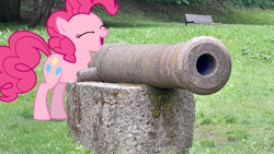 Size: 3463x1948 | Tagged: safe, artist:trrrebleee, artist:trrriple0dds, derpibooru import, edit, pinkie pie, cannon, irl, photo, real life background, solo