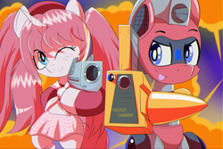 Size: 2000x1333 | Tagged: safe, artist:trackheadtherobopony, derpibooru import, oc, oc:nekonin, oc:trackhead, alicorn, pony, robot, robot pony, explosion, gun, nikke, weapon