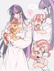 Size: 1574x2048 | Tagged: safe, artist:jiao, derpibooru import, sunset shimmer, twilight sparkle, human, pony, unicorn, boob smothering, clothes, collar, dress, female, holding a pony, horn, humanized, interspecies, lesbian, licking, mare, shipping, shoulderless, simple background, small pony, smothering, sunsetsparkle, swirly eyes, tongue, tongue out, white background