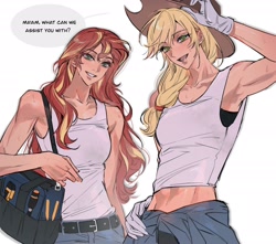 Size: 2048x1812 | Tagged: safe, artist:jiao, derpibooru import, applejack, sunset shimmer, human, bag, clothes, denim, duo, gloves, humanized, jeans, offscreen character, pants, simple background, speech bubble, sweat, tanktop, tools, white background