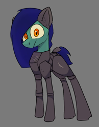 Size: 670x863 | Tagged: safe, artist:cotarsis, derpibooru import, oc, oc only, earth pony, pony, ambiguous gender, armor, armored legs, blue mane, blue tail, colored sclera, ear fluff, ears, earth pony oc, frown, gray background, green coat, leg armor, long legs, long mane, looking at you, orange eyes, simple background, sketch, solo, tail, thin legs, yellow sclera