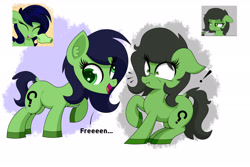 Size: 3000x2000 | Tagged: safe, artist:scandianon, derpibooru import, oc, oc only, oc:anon filly, earth pony, pony, derp, ears back, emanata, exclamation point, female, filly, foal, leaning, leaning back, leaning forward, nose wrinkle, open mouth, open smile, raised hoof, raised leg, reference used, scrunchy face, smiling, talking, wall eyed