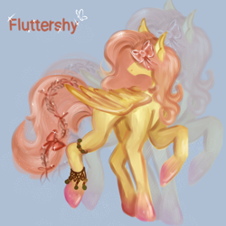 Size: 1280x1280 | Tagged: safe, artist:cyanideee, derpibooru import, fluttershy, pegasus, pony, g4, bangles, bow, colored background, feathered wings, female, hair bow, headcanon, hidden eyes, long legs, pegasus wings, pink hooves, pink mane, pink tail, raised hoof, raised leg, solo, tail, wings, yellow coat