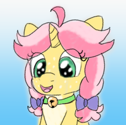 Size: 956x951 | Tagged: safe, artist:craftycirclepony, derpibooru import, oc, oc only, oc:crafty circles, pony, unicorn, bell, bow, bust, collar, colored belly, female, filly, foal, freckles, gradient background, hair bow, happy, horn, looking down, not kettle corn, open mouth, smiling, solo