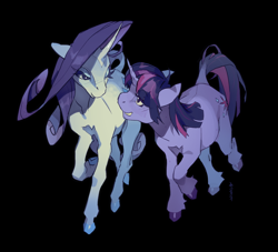 Size: 1872x1701 | Tagged: safe, artist:poselenets, derpibooru import, rarity, twilight sparkle, unicorn twilight, pony, unicorn, g4, black background, duo, duo female, female, freckles, horn, lesbian, looking at each other, looking at someone, mare, rarilight, shipping, simple background