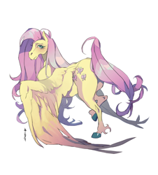 Size: 1944x2147 | Tagged: safe, artist:poselenets, derpibooru import, fluttershy, pegasus, pony, g4, blushing, butt, female, flutterbutt, hoers, hoof fluff, large wings, looking at you, looking back, looking back at you, mare, plot, simple background, solo, spread wings, white background, wings