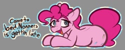 Size: 1080x431 | Tagged: safe, artist:newpone, derpibooru import, pinkie pie, earth pony, pony, g4, dialogue, eyebrows, eyebrows visible through hair, female, implied anon, looking at you, mare, open mouth, open smile, simple background, smiling, solo, talking to viewer, text