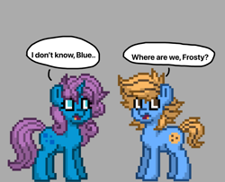 Size: 2243x1819 | Tagged: safe, derpibooru import, oc, oc only, oc:blue cookie, oc:frosty berry, earth pony, pony, unicorn, earth pony oc, female, horn, male, mare, open mouth, pony town, simple background, speech bubble, stallion, text, unicorn oc