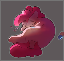 Size: 791x752 | Tagged: safe, artist:newpone, derpibooru import, pinkie pie, earth pony, pony, g4, balloonbutt, butt, curled up, cute, diapinkes, eyebrows, eyebrows visible through hair, eyes closed, female, mare, onomatopoeia, plot, rear view, simple background, sleeping, solo, sound effects, zzz