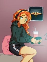 Size: 768x1024 | Tagged: safe, artist:sugarcube269, derpibooru import, sunset shimmer, human, equestria girls, g4, clothes, controller, cute, drink, female, gamer sunset, headphones, hoodie, looking at you, nail polish, painting, pillow, shimmerbetes, shorts, smiling, solo, sunset