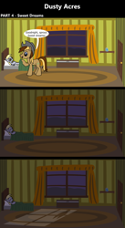 Size: 1920x3516 | Tagged: safe, artist:platinumdrop, derpibooru import, derpy hooves, oc, oc:dusty hooves, comic:dusty acres, series:technoverse, 3 panel comic, bed, blanket, comic, commission, door, female, filly, foal, hat, night, sleeping, window, younger