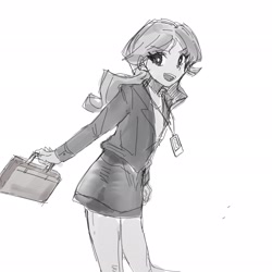 Size: 2048x2048 | Tagged: safe, artist:sugarcube269, derpibooru import, sunset shimmer, human, equestria girls, g4, briefcase, clothes, female, grayscale, id card, looking at you, monochrome, office lady, open mouth, simple background, sketch, skirt, skirt suit, smiling, solo, suit, white background