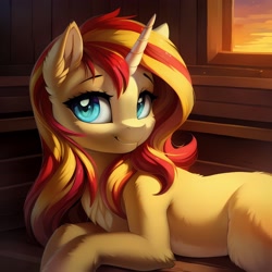 Size: 3072x3072 | Tagged: safe, ai content, derpibooru import, generator:stable diffusion, machine learning generated, sunset shimmer, pony, unicorn, g4, chest fluff, ear fluff, ears, female, horn, looking at you, lying down, mare, prompter:seashell, smiling, smiling at you, solo, two toned mane