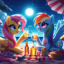 Size: 1024x1024 | Tagged: safe, ai content, derpibooru import, generator:bing image creator, generator:dall-e 3, machine learning generated, fluttershy, rainbow dash, pegasus, pony, g4, alcohol, beach, drink, drinking, drinking straw, duo, duo female, female, folded wings, happy, hoof hold, lying down, moon, ocean, open mouth, open smile, outdoors, picnic, picnic blanket, prompter:nightofcore, sand, smiling, spread wings, stars, summer, vacation, water, wings, wrong cutie mark