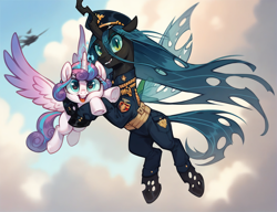 Size: 1512x1160 | Tagged: safe, ai content, derpibooru import, generator:pony diffusion v6 xl, generator:stable diffusion, machine learning generated, princess flurry heart, queen chrysalis, alicorn, changeling, changeling queen, pony, g4, anonymous prompter, clothes, crazy eyes, duo, duo female, female, flying, hug, looking at you, magic, military uniform, smiling, uniform, waving