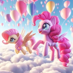 Size: 1024x1024 | Tagged: safe, ai content, derpibooru import, machine learning generated, pinkie pie, pegasus, g4, balloon, cloud, duo, duo female, female, floating, flying, pegasus pinkie pie, prompter:pinkiepiepics, race swap