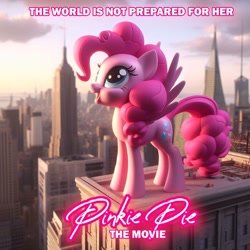 Size: 1500x1500 | Tagged: safe, ai content, derpibooru import, machine learning generated, pinkie pie, pegasus, g4, building, fake, fake movie poster, faker than a three dollar bill, female, new york city, pegasus pinkie pie, pinkie pie: the movie, prompter:pinkiepiepics, race swap, skyscraper, solo, wings