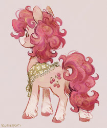 Size: 854x1020 | Tagged: safe, artist:lutraviolet, derpibooru import, cherries jubilee, earth pony, pony, g1, g4, 2022, alternate accessories, alternate design, alternate mane color, alternate tail color, blaze (coat marking), blushing, coat markings, colored ears, colored eyebrows, colored hooves, colored muzzle, curly hair, curly mane, curly tail, eyelashes, facial markings, freckles, g1 to g4, generation leap, gray background, green eyes, hatching (technique), hooves, leg fluff, lighter coat, multicolored mane, multicolored tail, old art, pale muzzle, pink coat, pink hooves, pink mane, pink tail, rear view, shawl, signature, simple background, smiling, socks (coat marking), solo, standing, tail, unshorn fetlocks