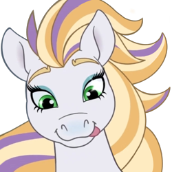 Size: 1280x1280 | Tagged: safe, artist:cupute, derpibooru import, edit, horse, :p, barely pony related, bust, discord server, ears up, emotes, equine, eyebrows, finley (wild manes), looking down, multicolored hair, portrait, purple mane, raised eyebrow, simple background, smiling, solo, tongue, tongue out, transparent background, white coat, wild manes, yellow mane