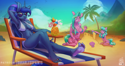 Size: 5121x2730 | Tagged: safe, artist:sugarlesspaints, derpibooru import, princess luna, sugar stix, tender brush, winter lotus, alicorn, anthro, earth pony, plantigrade anthro, g4, arm behind head, armpits, barefoot, beach, beach chair, bikini, breasts, chair, cleavage, clothes, cocktail umbrella, crazy straw, drink, eye clipping through hair, feet, female, food, fruit, horn, jewelry, looking at you, nail polish, outdoors, palm tree, pineapple, sandcastle, smiling, smiling at you, sunglasses, swimsuit, thighs, toe ring, toenail polish, toenails, toes, tree, trio, trio female