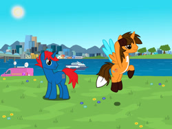 Size: 1280x960 | Tagged: safe, artist:ry-bluepony1, derpibooru import, oc, oc only, oc:ej, oc:train track, alicorn, unicorn, g4, alicorn oc, boat, city, duo, duo male, grass, horn, lake, male, outdoors, unicorn oc, van, water, wings