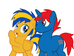 Size: 2048x1536 | Tagged: safe, artist:ry-bluepony1, derpibooru import, oc, oc only, oc:flare spark, oc:train track, pegasus, unicorn, g4, duo, duo male and female, female, horn, male, simple background, transparent background, vector