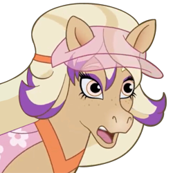 Size: 1280x1280 | Tagged: safe, artist:cupute, derpibooru import, edit, horse, bailey (wild manes), barely pony related, blonde, blonde hair, blonde mane, bust, clothes, concerned, emotes, equine, hat, looking at you, multicolored hair, pink eyes, portrait, purple mane, simple background, solo, tan coat, transparent background, visor, wild manes