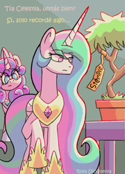 Size: 1153x1600 | Tagged: safe, artist:rosa ushiromiya, derpibooru import, idw, princess celestia, princess flurry heart, alicorn, pony, g4, reflections, spoiler:comic, always, bonsai, duo, duo female, female, mare, older, older flurry heart, raised hoof, raised leg, spanish, table, translated in the comments, tree