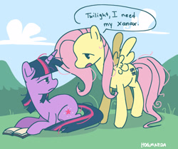 Size: 2048x1714 | Tagged: safe, artist:hogzoid, derpibooru import, fluttershy, twilight sparkle, unicorn twilight, pony, unicorn, g4, book, dialogue, duo, duo female, female, implied drugs, looking at each other, looking at someone, lying down, prone, speech bubble, xanaxshy