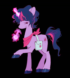 Size: 1359x1516 | Tagged: safe, artist:hogzoid, derpibooru import, twilight sparkle, pony, alternate hairstyle, bag, black background, bong, highlight sparkle, magic, saddle bag, simple background, solo