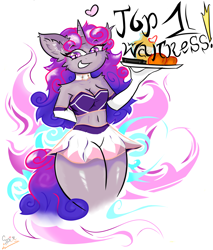 Size: 2040x2400 | Tagged: safe, artist:spirit-fireheart, derpibooru import, oc, oc only, anthro, unicorn, belly, belly button, cheek fluff, clothes, ear fluff, ears, female, happy, heart, horn, mare, midriff, shoulder fluff, simple background, skirt, smiling, solo, text, title, waitress