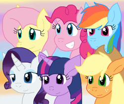 Size: 975x819 | Tagged: safe, artist:cmara, derpibooru import, applejack, fluttershy, pinkie pie, rainbow dash, rarity, twilight sparkle, unicorn twilight, earth pony, pegasus, unicorn, g4, female, gradient background, horn, mane six, mare